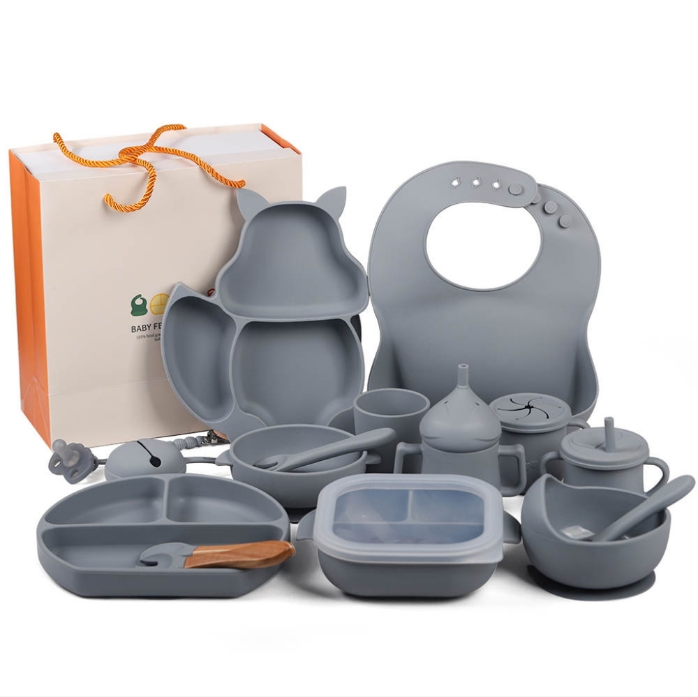 15pcs silicone baby feeding set bowl,spoons, fork ,plate,sippy, bib,pacifier.